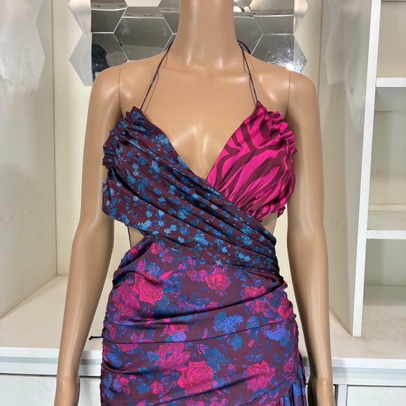 For Love & Lemons Dresses & Skirts - For Love & Lemons Floral Zebra Print Halter Ruched Cutout Dress Size M